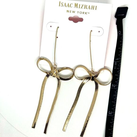 ISAAC MIZRAHI Gold Tone Dangling Bow Hook Earrings - Picture 6 of 7